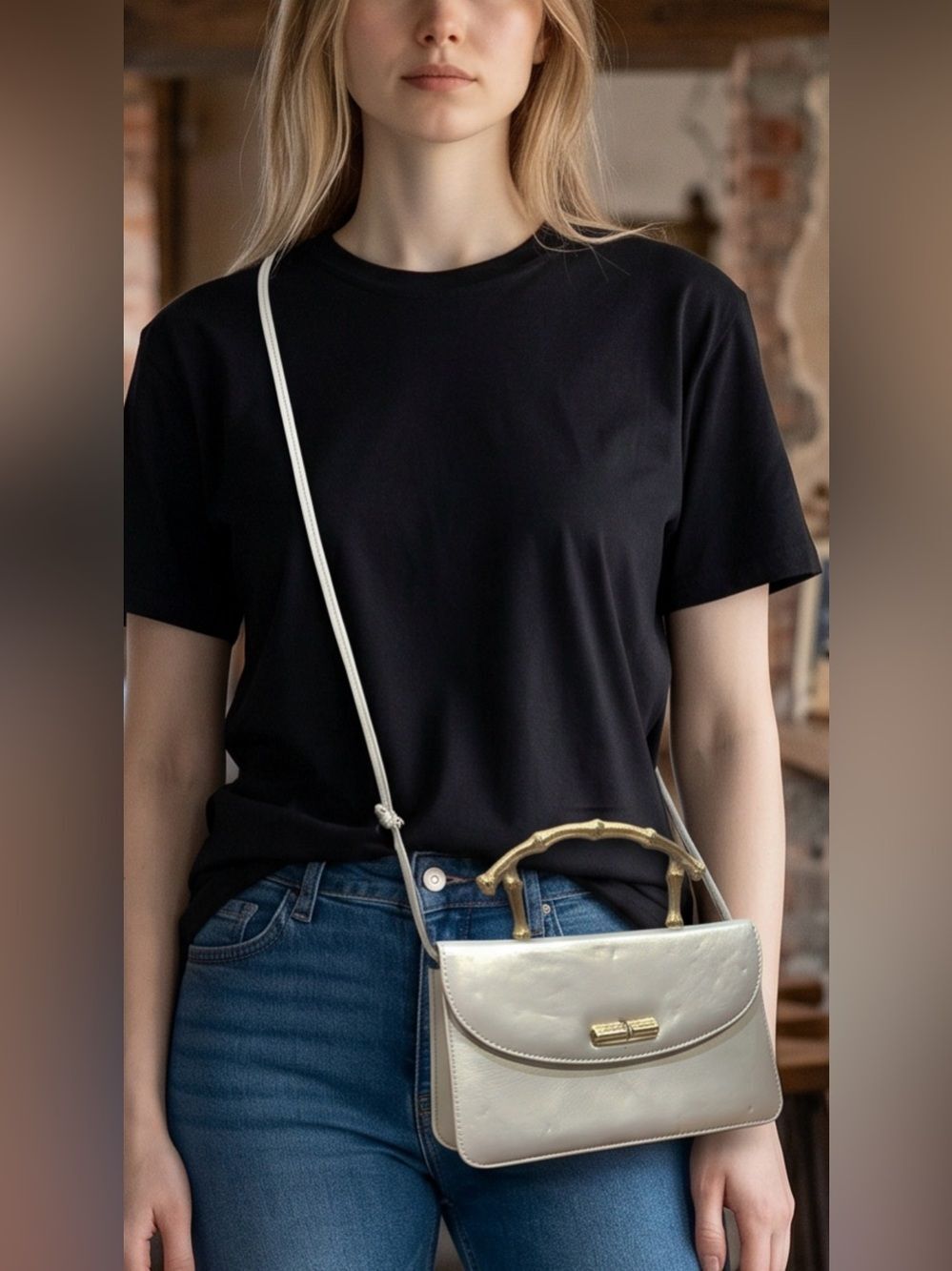 Vintage Susan Gail Cream Crossbody Bag with Bamboo-Style Handle
